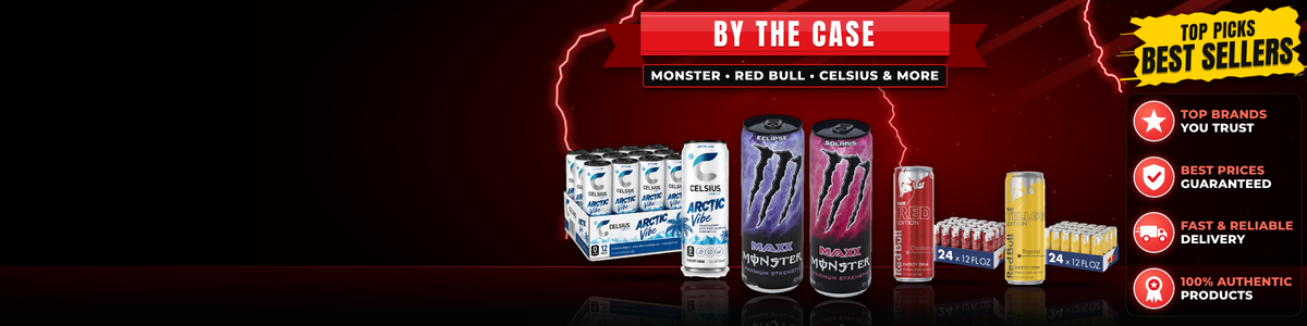 Monster, Red Bull and Celsius energy drinks by the case