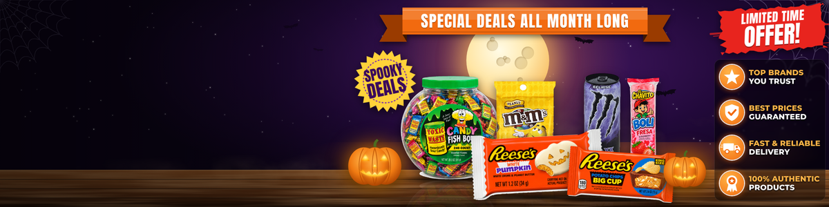 Halloween candy, snacks and drinks with jack-o'-lanterns