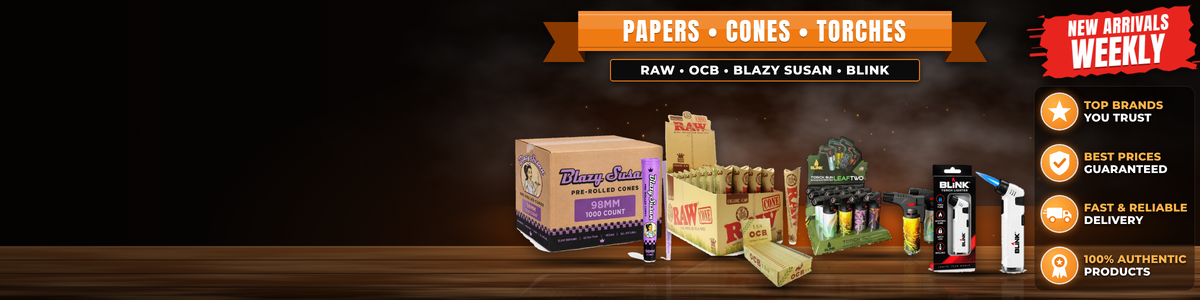 RAW, OCB and Blazy Susan cones with Blink torch lighters